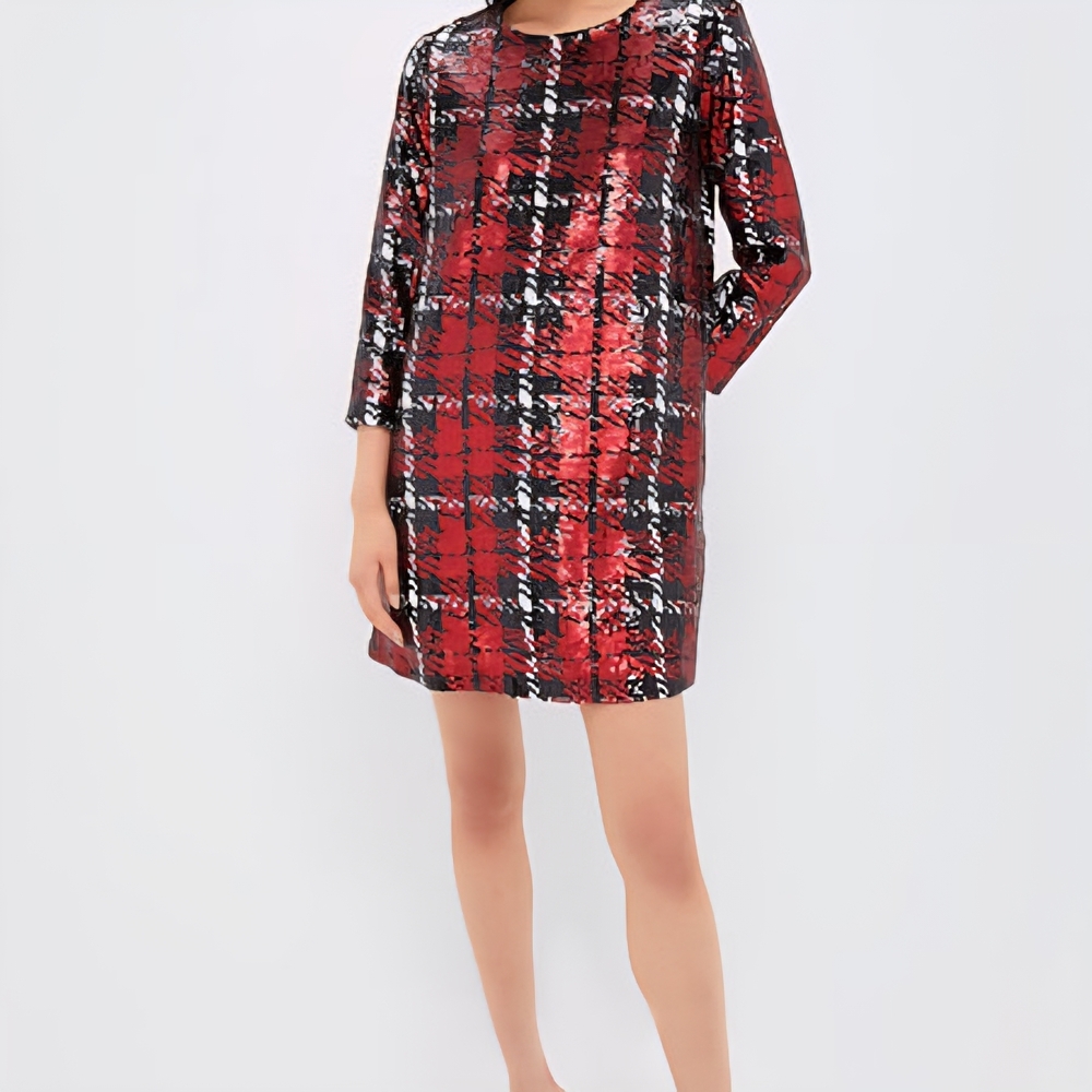 Tuckernuck NWT Sequin Red Plaid Houndstooth Pierre Holiday Shift Dress Medium - Picture 2 of 9
